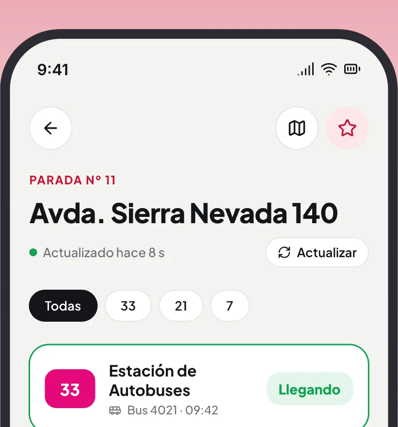 Tiempos de una parada de bus urbano, con el bus que está llegando