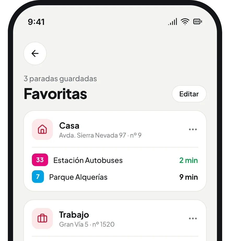 La lista de favoritas de la app, con casa, trabajo y facultad