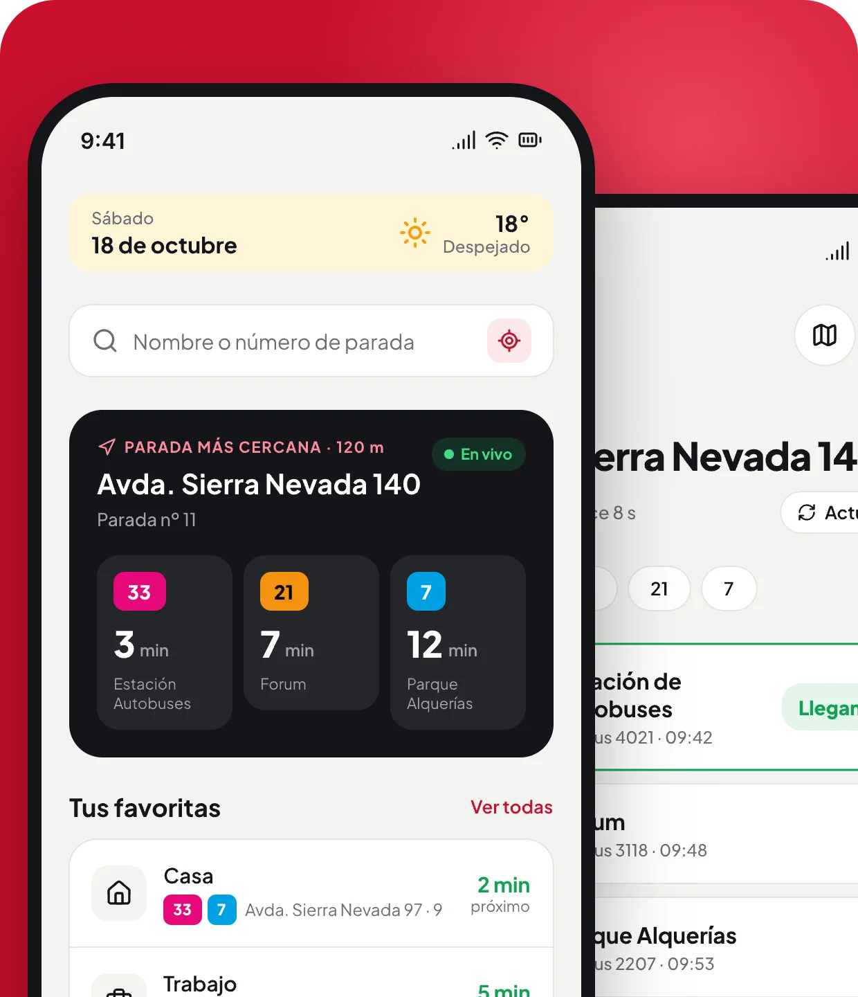 La pantalla de inicio de la app con la parada más cercana y los minutos que faltan para cada bus