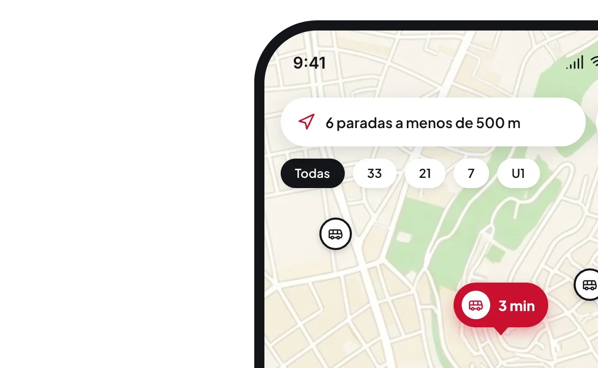 El mapa de la app con las paradas cercanas y los próximos buses de la parada seleccionada